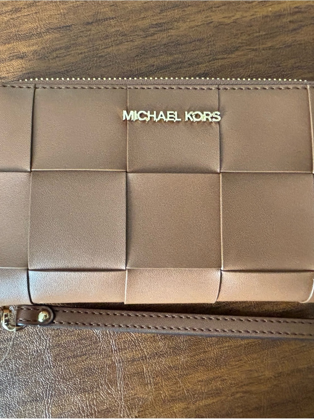 Michael Kors Brown Woven Leather Wristlet Clutch with Gold Logo